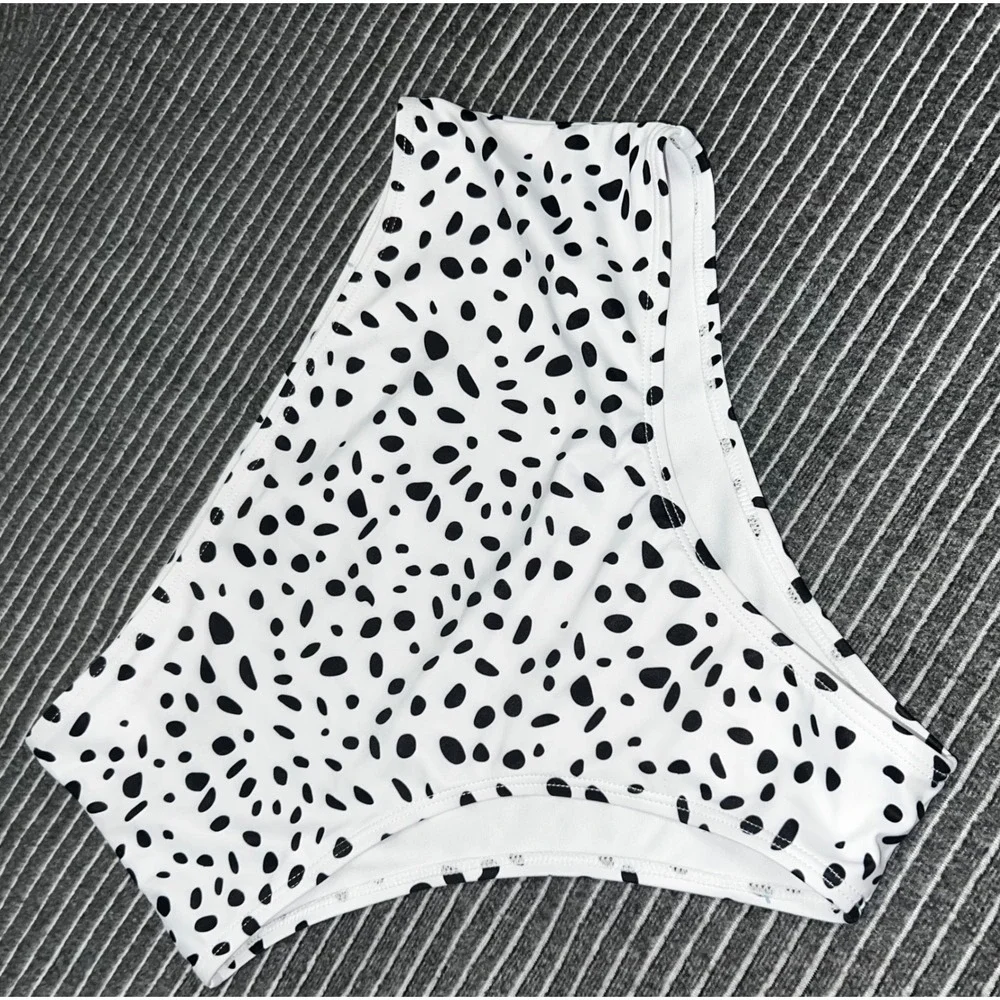 SHEIN Womens High Waisted Dalmatian Print‎ Bikini Bottoms XL White Black Spotted